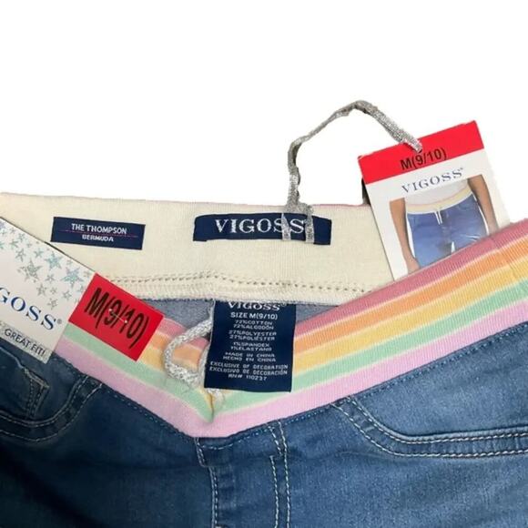 Vigoss Girls Jeans Shorts Bermuda Blue Cuff Rainbow Waistband Sz Medium 9/10 NEW - Picture 3 of 3